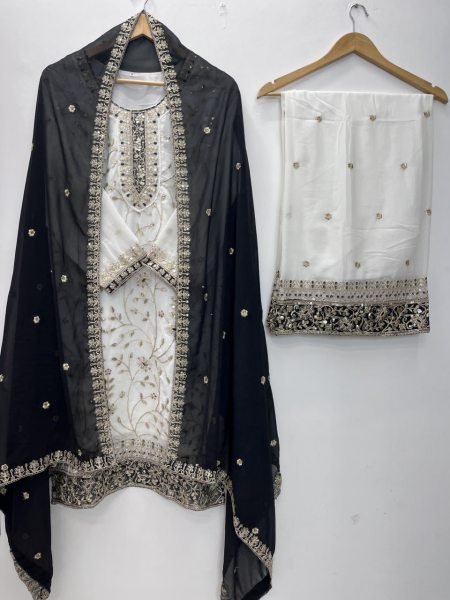 Distinctive White Black Faux Georgette Top Palazzo Dupatta Set with Sequin Work Ready To Wear Collection