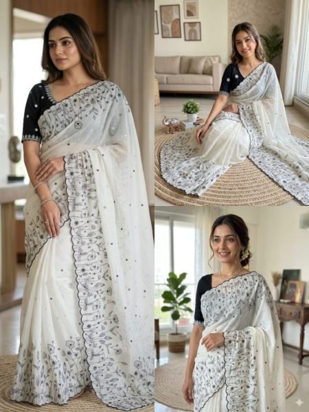 Distinctive White Designer Star Georgette Saree with Contrast Embroidered Blouse for Women Embroidery Sarees Wholesale