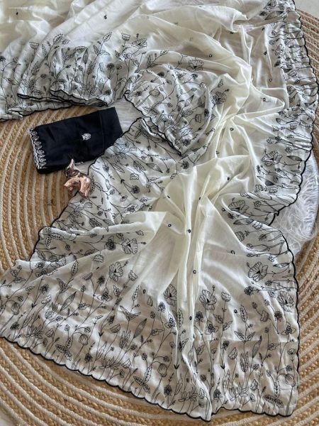 Distinctive White Designer Star Georgette Saree with Contrast Embroidered Blouse for Women Embroidery Sarees Wholesale
