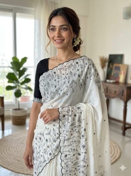 Distinctive White Designer Star Georgette Saree with Contrast Embroidered Blouse for Women Embroidery Sarees Wholesale