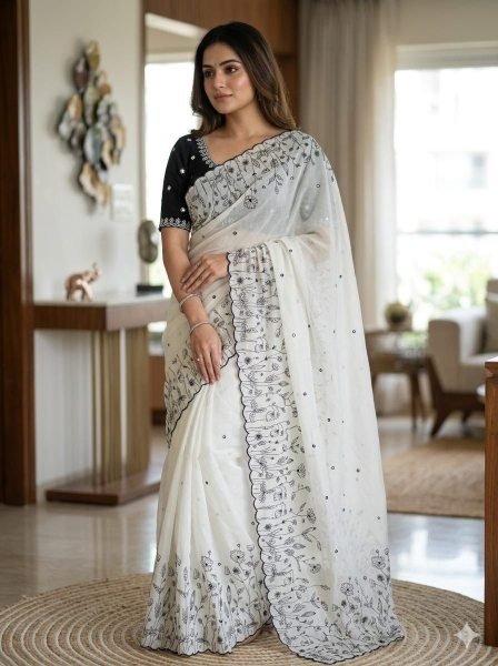 Distinctive White Designer Star Georgette Saree with Contrast Embroidered Blouse for Women Embroidery Sarees Wholesale