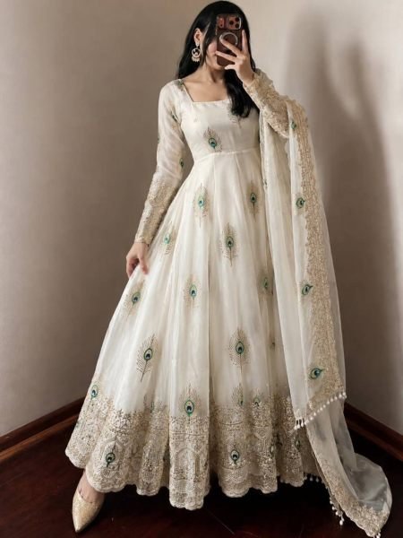 Distinctive White Fendy Silk Gown with Heavy Sequin Embroidery Dupatta for Diwali 