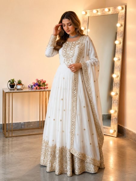 Distinctive White Georgette Gown with Lace Border Dupatta For Women