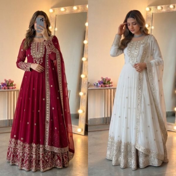 Distinctive White Georgette Gown with Lace Border Dupatta For Women Ready To Wear Collection