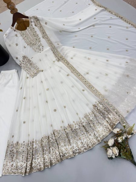 Distinctive White Georgette Gown with Lace Border Dupatta For Women Ready To Wear Collection
