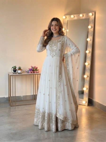 Distinctive White Georgette Gown with Lace Border Dupatta For Women Ready To Wear Collection