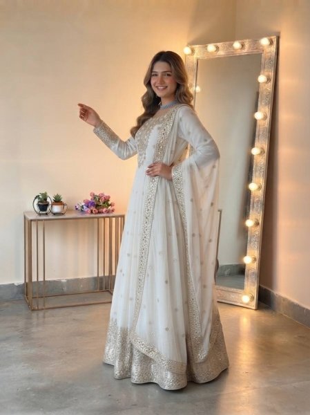 Distinctive White Georgette Gown with Lace Border Dupatta For Women Ready To Wear Collection