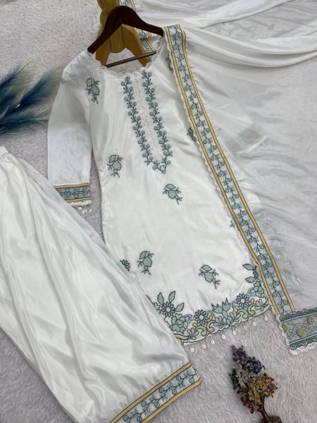 Distinctive White Pakistani Farshi Salwar Suit Set with Dupatta for Wedding Wear Ready To Wear Collection