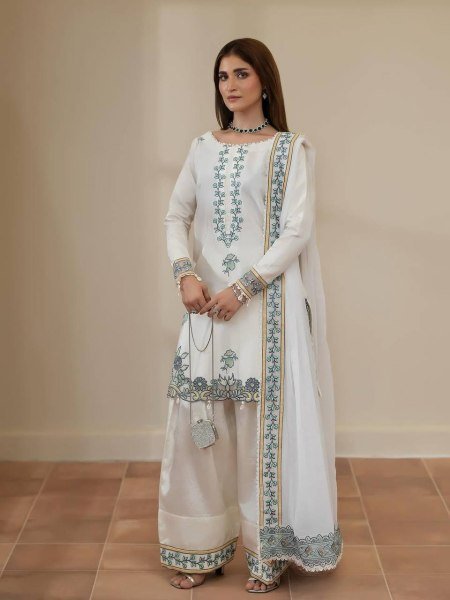 Distinctive White Pakistani Farshi Salwar Suit Set with Dupatta for Wedding Wear Ready To Wear Collection