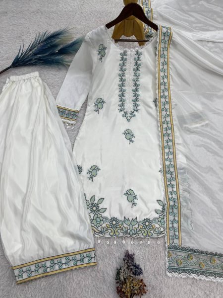 Distinctive White Pakistani Farshi Salwar Suit Set with Dupatta for Wedding Wear Ready To Wear Collection