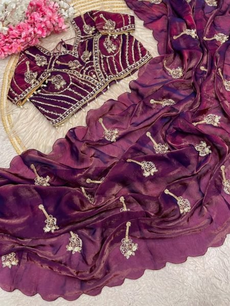 Distinctive Wine Fandy Satin Saree with Khatli Brits Work and Designer Stitched Blouse Bollywood Fancy Sarees Wholesale