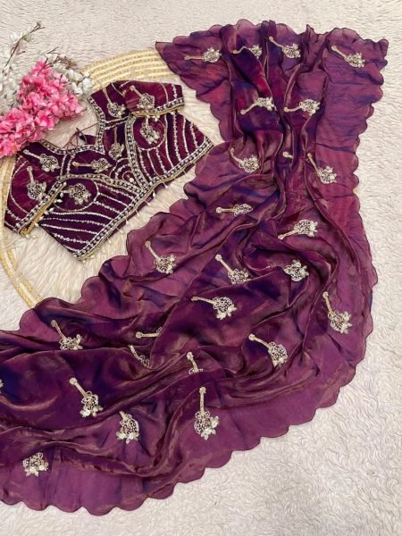 Distinctive Wine Fandy Satin Saree with Khatli Brits Work and Designer Stitched Blouse Bollywood Fancy Sarees Wholesale