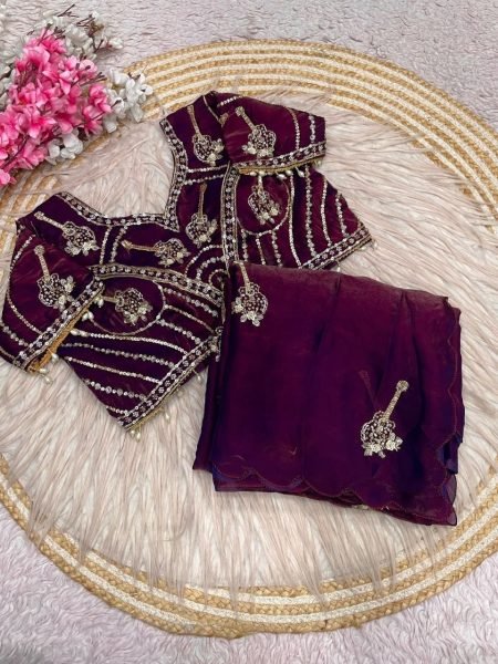 Distinctive Wine Fandy Satin Saree with Khatli Brits Work and Designer Stitched Blouse Bollywood Fancy Sarees Wholesale