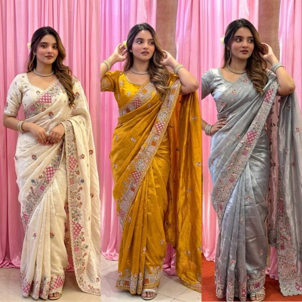 Distinctive Yellow Designer Pure Soft Tissue Silk Saree with C Pallu Embroidery Work For Wedding Silk Sarees Wholesale