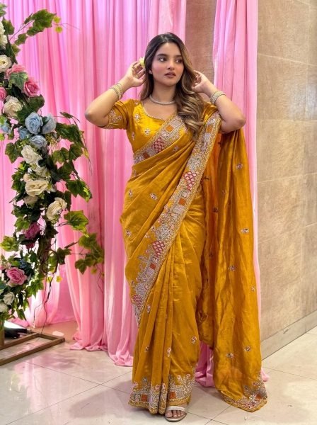 Distinctive Yellow Designer Pure Soft Tissue Silk Saree with C Pallu Embroidery Work For Wedding Silk Sarees Wholesale