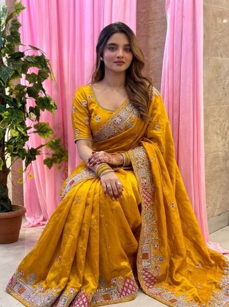 Distinctive Yellow Designer Pure Soft Tissue Silk Saree with C Pallu Embroidery Work For Wedding Silk Sarees Wholesale