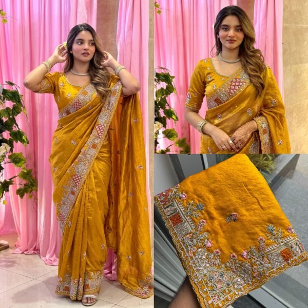 Distinctive Yellow Designer Pure Soft Tissue Silk Saree with C Pallu Embroidery Work For Wedding Silk Sarees Wholesale