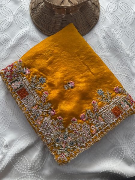 Distinctive Yellow Designer Pure Soft Tissue Silk Saree with C Pallu Embroidery Work For Wedding Silk Sarees Wholesale