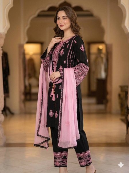 Divine Black Rayon Kurti Plazzo Set With Paperwork Mirror Effect Ready To Wear Collection