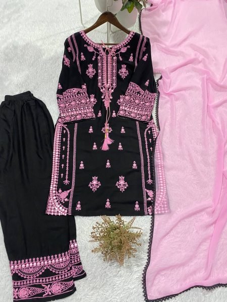 Divine Black Rayon Kurti Plazzo Set With Paperwork Mirror Effect Ready To Wear Collection