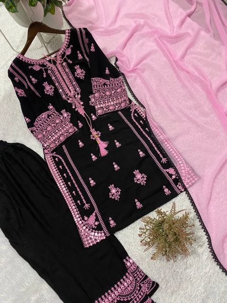 Divine Black Rayon Kurti Plazzo Set With Paperwork Mirror Effect Ready To Wear Collection