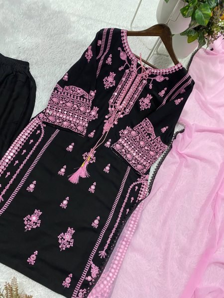 Divine Black Rayon Kurti Plazzo Set With Paperwork Mirror Effect Ready To Wear Collection