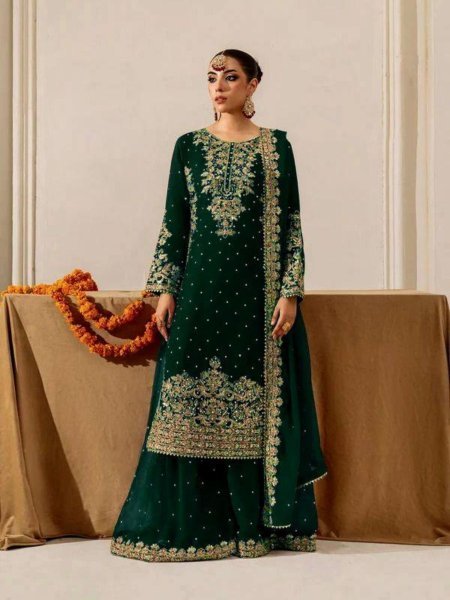 Divine Green Fully Stitched Velvet Suit with Coding Sequence Work for Wedding Wear  Ready To Wear Collection