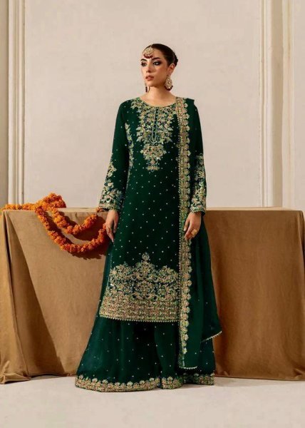 Divine Green Fully Stitched Velvet Suit with Coding Sequence Work for Wedding Wear  Ready To Wear Collection