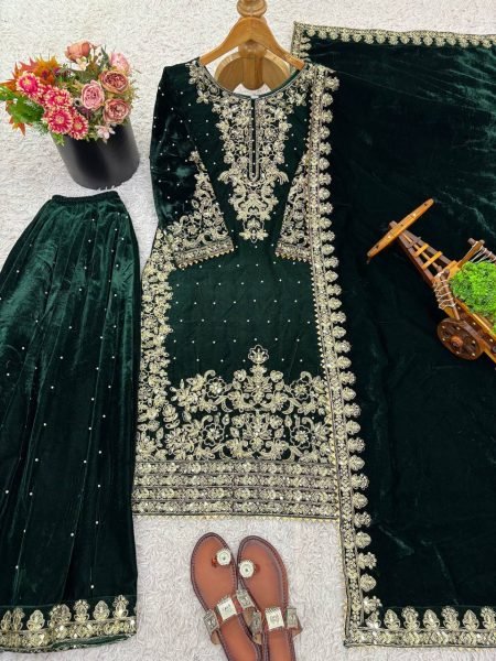 Divine Green Fully Stitched Velvet Suit with Coding Sequence Work for Wedding Wear  Ready To Wear Collection