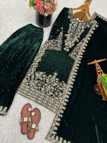 Divine Green Fully Stitched Velvet Suit with Coding Sequence Work for Wedding Wear  Ready To Wear Collection