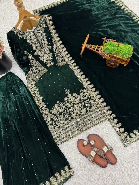 Divine Green Fully Stitched Velvet Suit with Coding Sequence Work for Wedding Wear  Ready To Wear Collection
