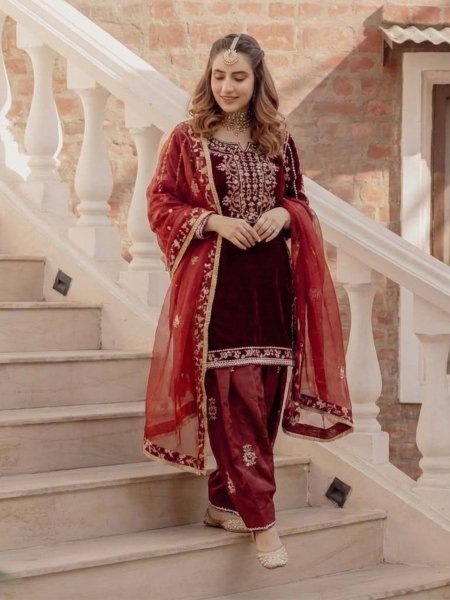 Divine Velvet Sequence Embroidered Salwar Suit with Organza Dupatta for International Buyers Ready To Wear Suit