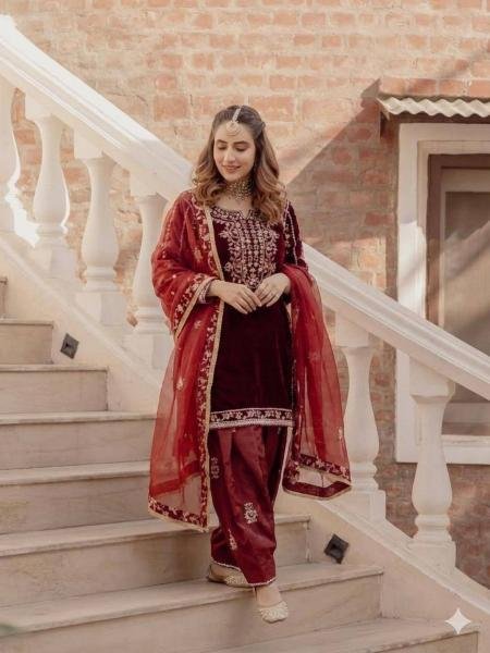 Divine Velvet Sequence Embroidered Salwar Suit with Organza Dupatta for International Buyers Winter Wear