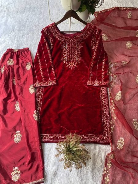 Divine Velvet Sequence Embroidered Salwar Suit with Organza Dupatta for International Buyers Ready To Wear Collection