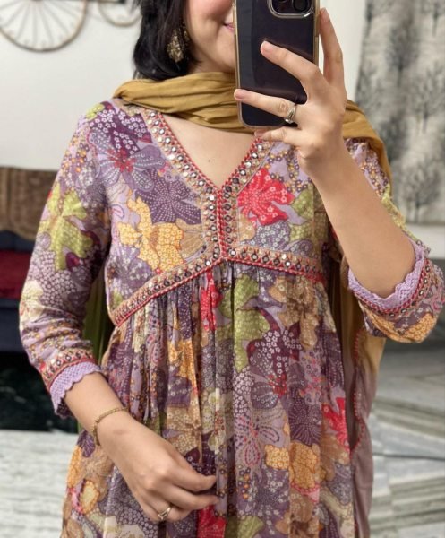 Diwali  Festival Wear Muslin Alia Cut Kurta Pajama And Dupatta 3 Piece Kurti Set