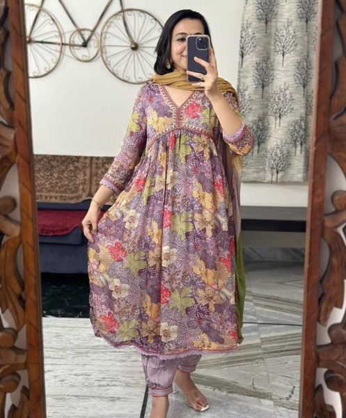 Diwali  Festival Wear Muslin Alia Cut Kurta Pajama And Dupatta 3 Piece Kurti Set