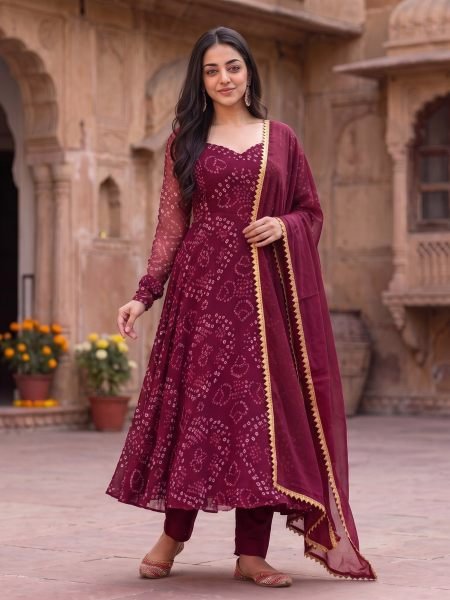 Diwali Special Maroon Bandhani Anarkali Suit with Gota Patti Lace at Factory Price  Kurtis