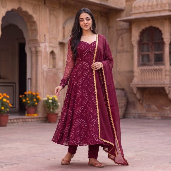 Diwali Special Maroon Bandhani Anarkali Suit with Gota Patti Lace at Factory Price  Anarkali Kurtis 
