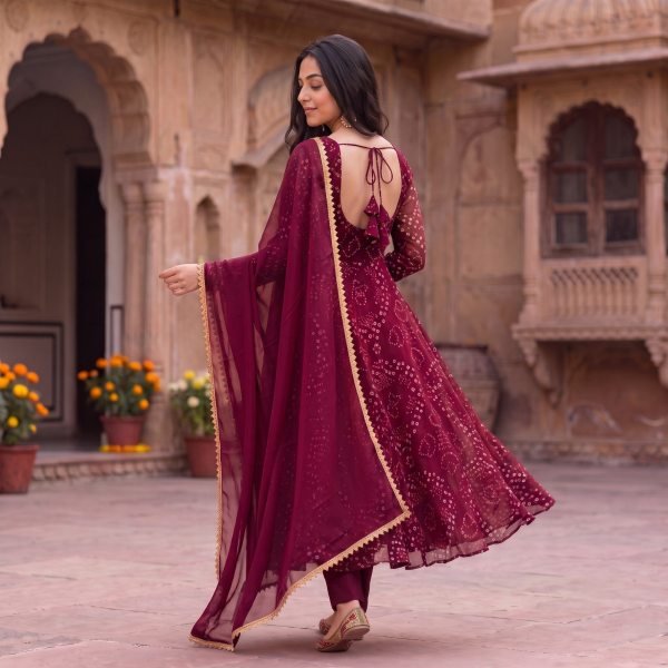 Diwali Special Maroon Bandhani Anarkali Suit with Gota Patti Lace at Factory Price  Anarkali Kurtis 