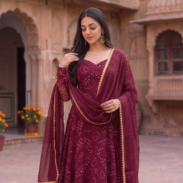 Diwali Special Maroon Bandhani Anarkali Suit with Gota Patti Lace at Factory Price  Anarkali Kurtis 