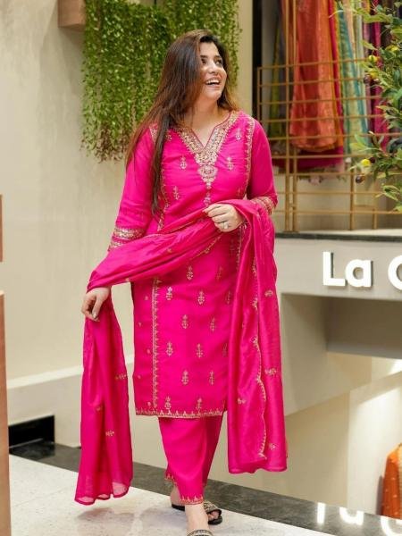 Diwali Special Pink Chanderi Silk Kurta Set with Embroidered Dupatta for Women 3 Piece Kurti Set