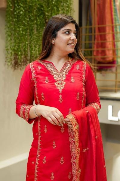 Radiating Red Chanderi Silk Kurta Set with Embroidered Dupatta for Diwali  3 Piece Kurti Set