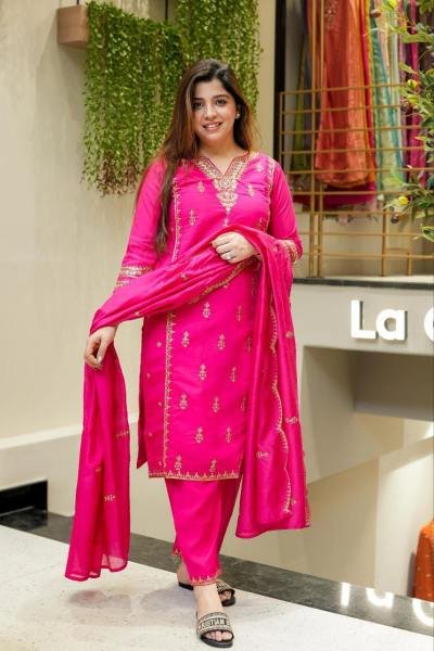 Diwali Special Pink Chanderi Silk Kurta Set with Embroidered Dupatta for Women 3 Piece Kurti Set