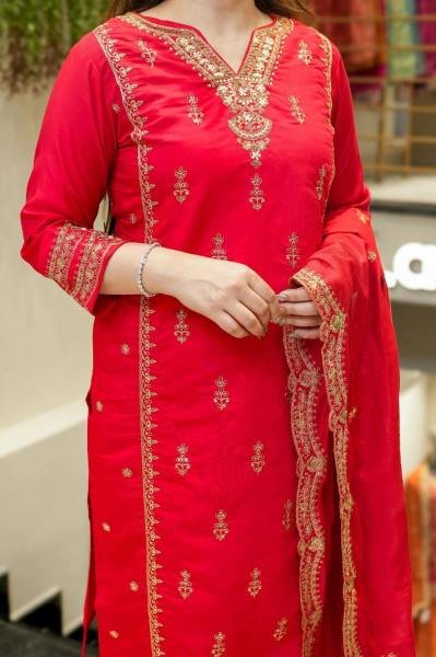 Radiating Red Chanderi Silk Kurta Set with Embroidered Dupatta for Diwali  3 Piece Kurti Set