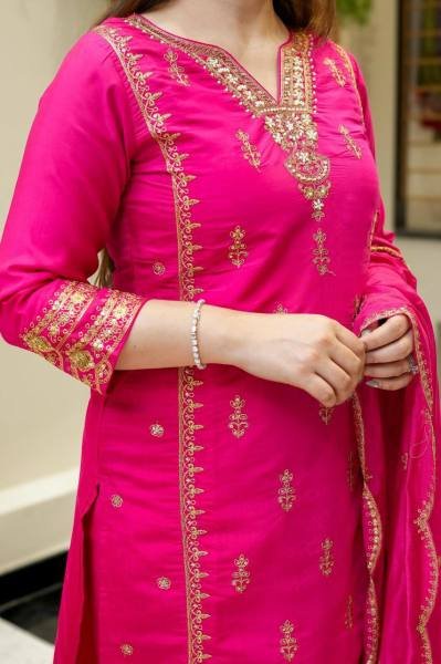 Diwali Special Pink Chanderi Silk Kurta Set with Embroidered Dupatta for Women 3 Piece Kurti Set