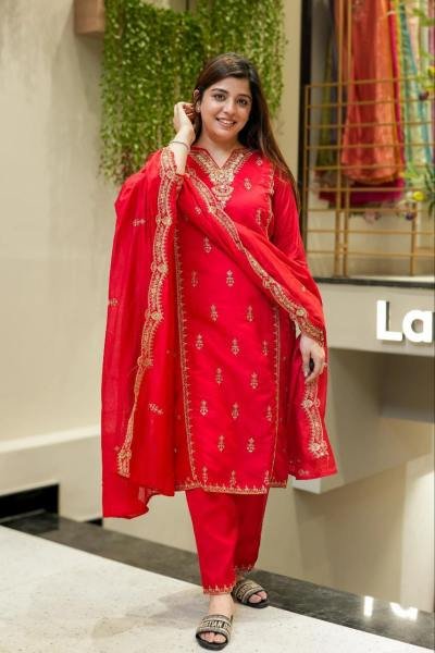 Radiating Red Chanderi Silk Kurta Set with Embroidered Dupatta for Diwali  3 Piece Kurti Set