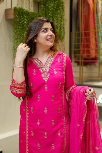 Diwali Special Pink Chanderi Silk Kurta Set with Embroidered Dupatta for Women 3 Piece Kurti Set