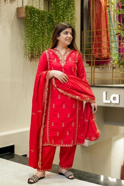 Radiating Red Chanderi Silk Kurta Set with Embroidered Dupatta for Diwali  3 Piece Kurti Set