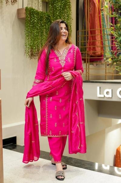 Diwali Special Pink Chanderi Silk Kurta Set with Embroidered Dupatta for Women 3 Piece Kurti Set