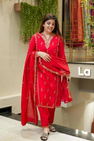 Radiating Red Chanderi Silk Kurta Set with Embroidered Dupatta for Diwali  3 Piece Kurti Set